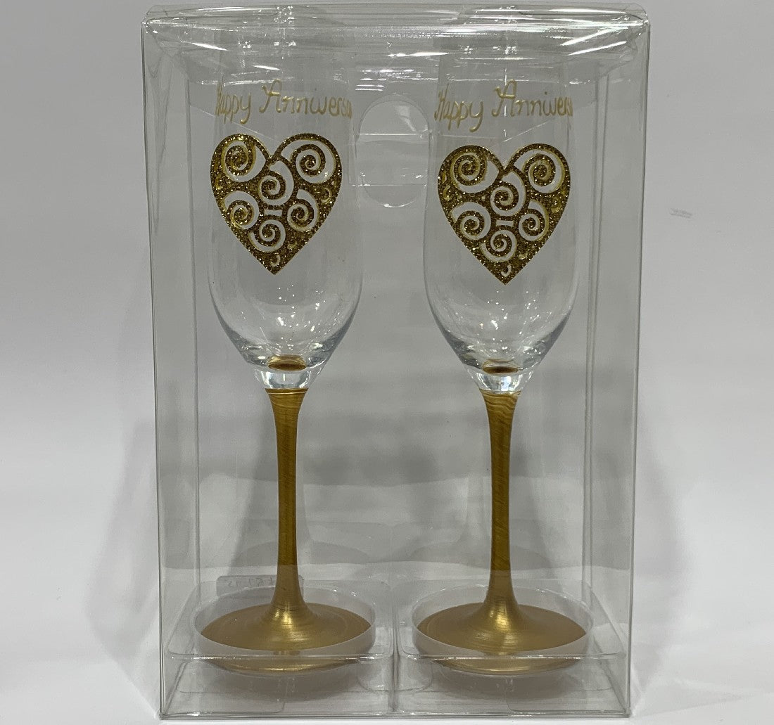 PAIR OF FLUTES ANNIVERSARY GOLD HEART